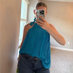 Alice + Olivia Blue Pleated Halter Blouse